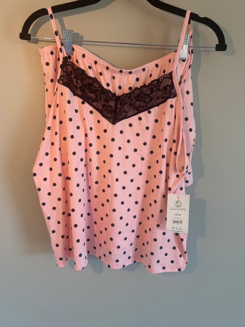 Pink Polka Dot Black Lace-Trim Pajama Set